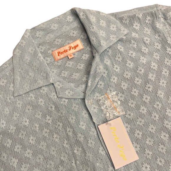 Perte d'ego Other - Perte d'ego Men's Crochet Button Down Shirt Medium Blue Short Sleeve Camp Collar